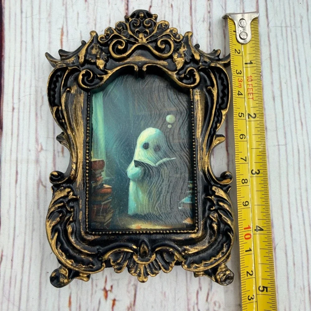 Ornate Gold and Black Ghost Reading Art Print Decoupage Resin Frame 4.75